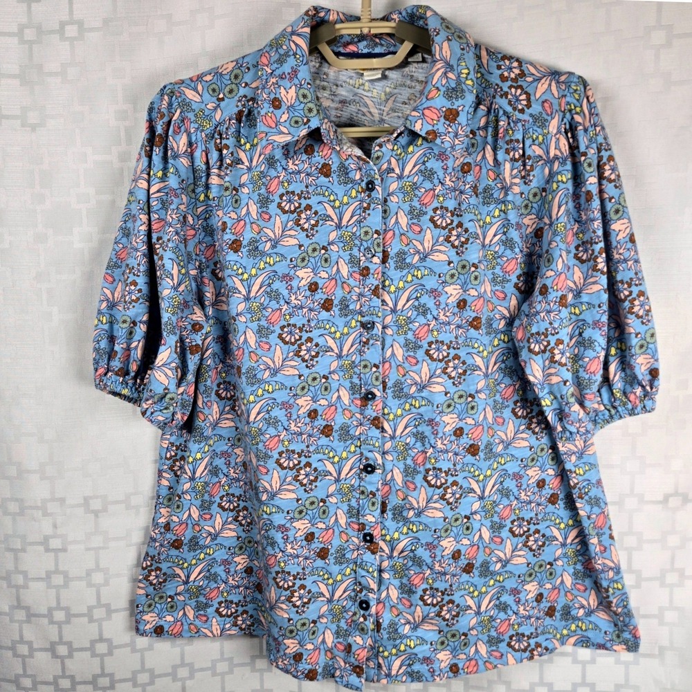 Boden Blue Floral Cotton‎ Slub Jersey Puff Sleeve Button Front Top US 8